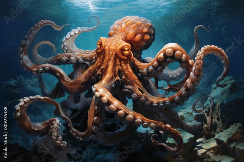 Majestic Octopus Embracing The Depths Of The Ocean Artwork. Generative AI