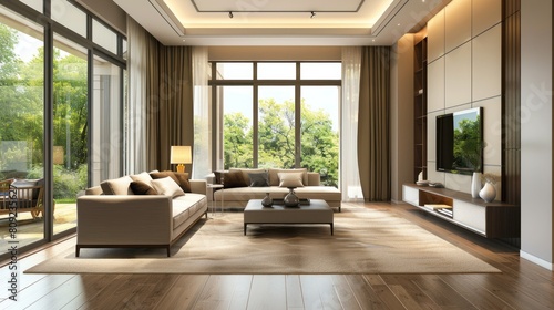 Modern luxury living room of vila interior design with natural wooden beige furniture. Generated AI photo