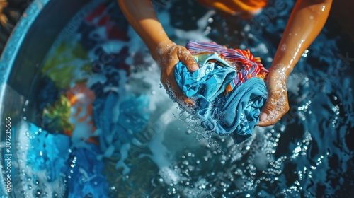 Top view housewife woman hand washing many clothes on detergent water. Generated AI image photo