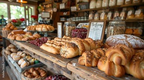  A variety of breads and pastries are displayed in a bakery shop with a price sign in the foreground