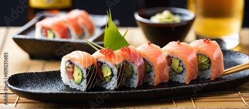 Sushi maki rolls with salmon on plate. Japanese traditional seafood. photo