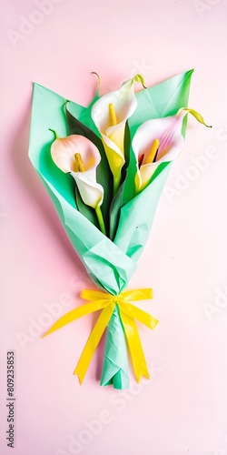 Colorful calla lily bouquet wrapped in paper for present © anetlanda