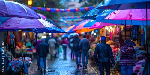 A Scene of a Vibrant Digital Street Market with Colorful Umbrellas and Lively Atmosphere. Concept Street Photography, Urban Life, Vibrant Colors, Market Scene