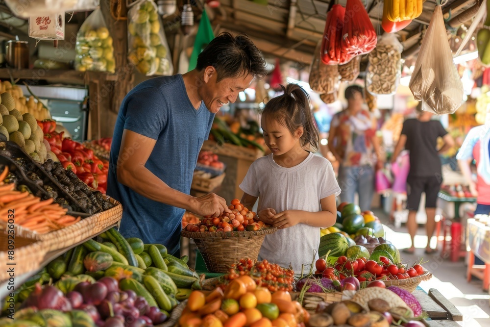 A man and a little girl stand in front of a fruit stand at a market location, examining the colorful fruits on display, A family exploring a colorful market in a foreign country, sampling local foods