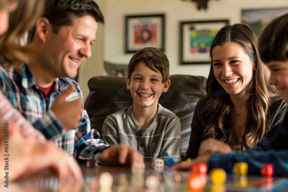 Fototapeta premium A family of four engages in a board game, laughing and strategizing together, A family game night filled with laughter and competition