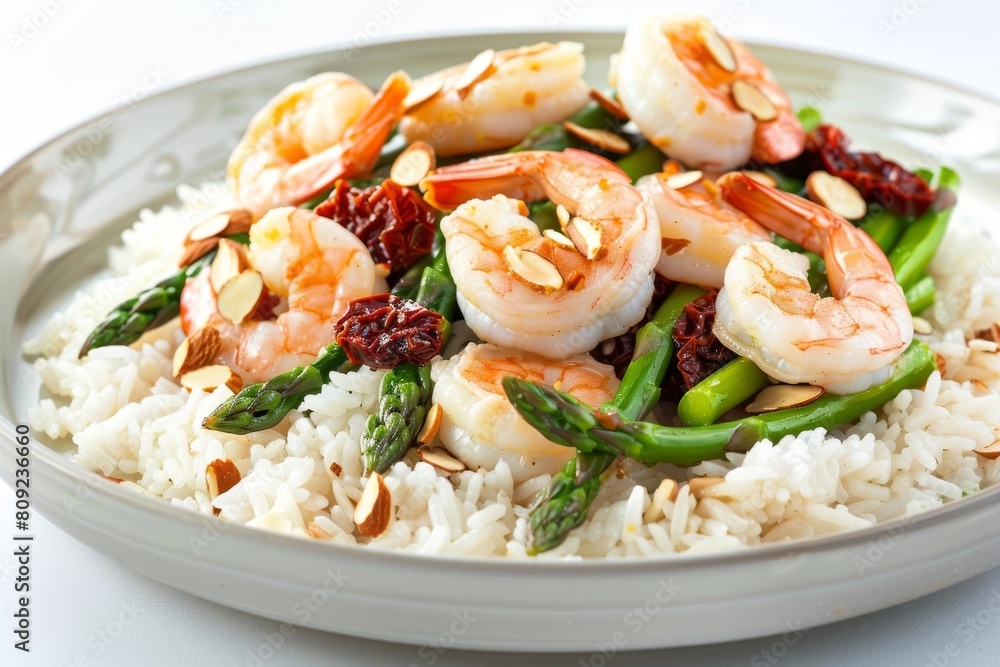 Golden Brown Almond Asparagus Shrimp Rice Bowl with Sun-Dried Tomatoes Golden Brown Almond Asparagus Shrimp Rice Bowl with Sun-Dried Tomatoes