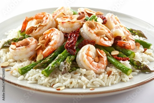 Golden Brown Almond Asparagus Shrimp Rice Bowl with Sun-Dried Tomatoes