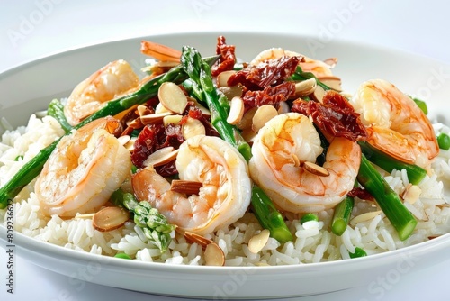 Elegant Almond Asparagus Shrimp Dish on Fluffy Steamed Rice