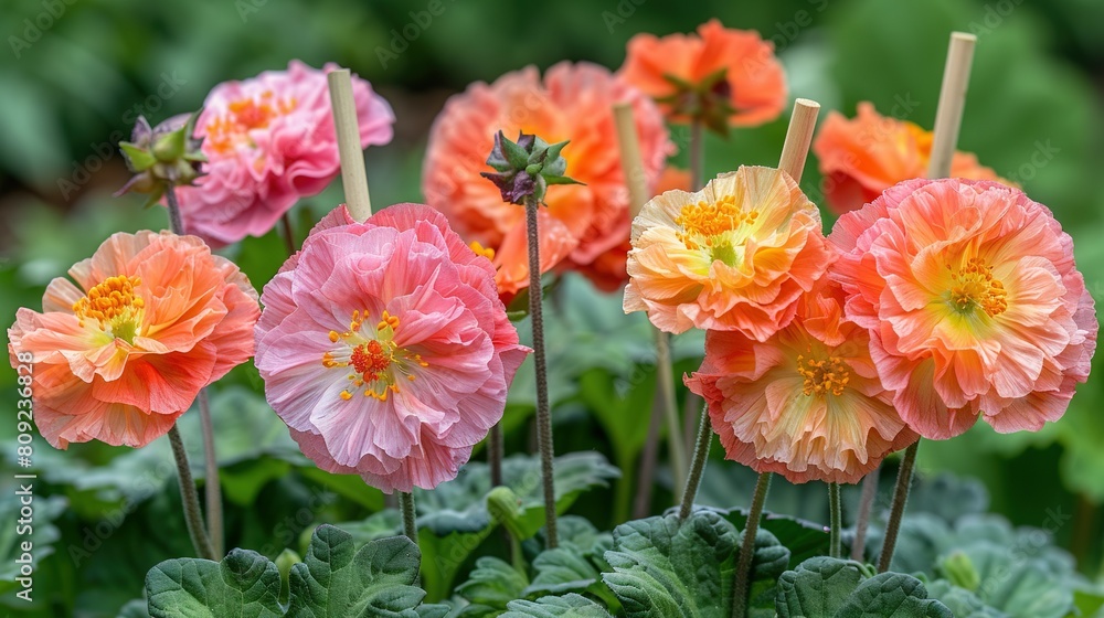   A close-up of several flowers, with leaves prominent in the foreground and a hazy background