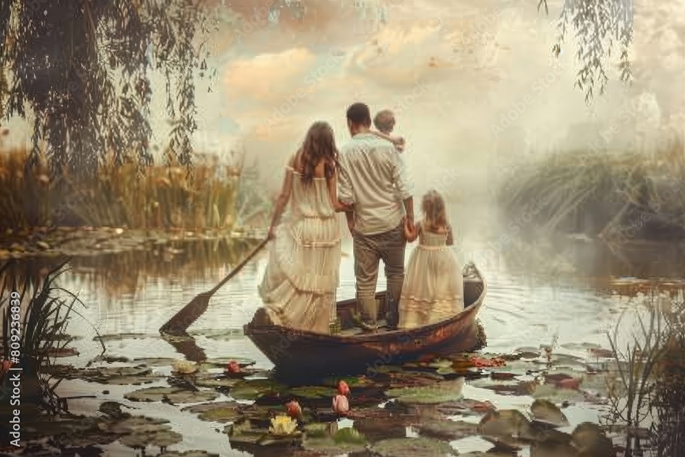 A group of people enjoying a boat ride together on the water, A family is a little world created by love