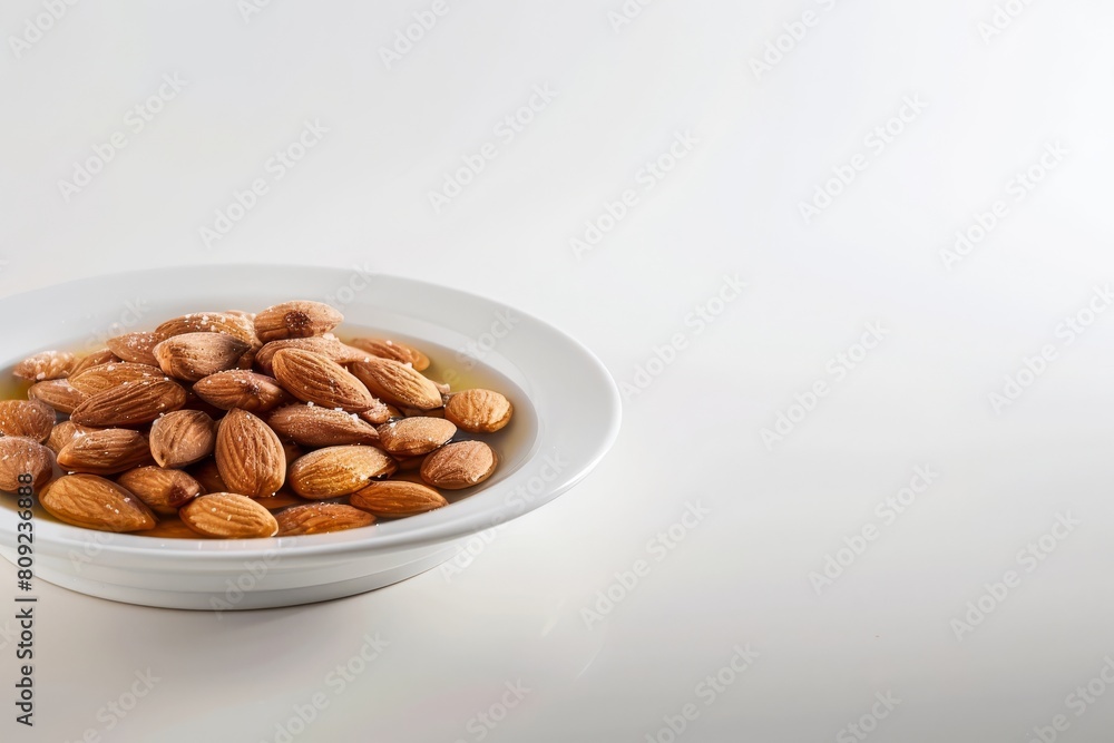 Glossy Almonds in Porcelain Bowl with Shimmering Olive Oil and Coarse Sea Salt Glossy Almonds in Porcelain Bowl with Shimmering Olive Oil and Coarse Sea Salt