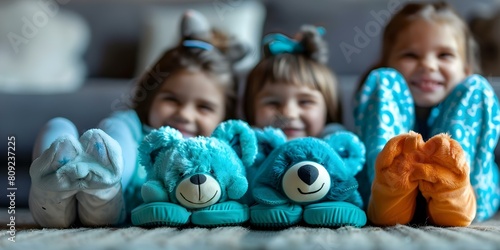 Kids in cute animal slippers at a pajama party cozy and fun. Concept Cute Animals, Pajama Party, Kids Fashion, Cozy Fun, Funny Slippers photo