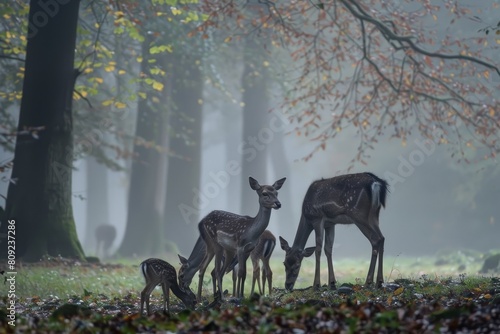 Family of deer standing together in misty forest  A family of deer grazing in a misty forest