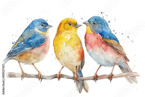 Birds, Pastel-colored, in hand-drawn style, watercolor, isolated on white background