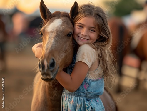 A young girl is hugging a brown horse. The girl is smiling and the horse is looking at her. The scene is peaceful and heartwarming © MaxK