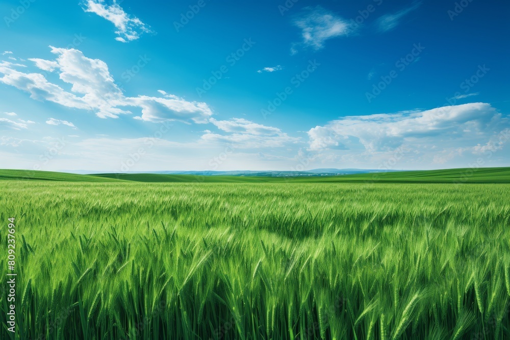 Lush Green Wheat Field Under A Clear Blue Sky On A Sunny Day. Generative AI Lush Green Wheat Field Under A Clear Blue Sky On A Sunny Day. Generative AI