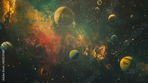 Image of planets in fantastic space against dark photo