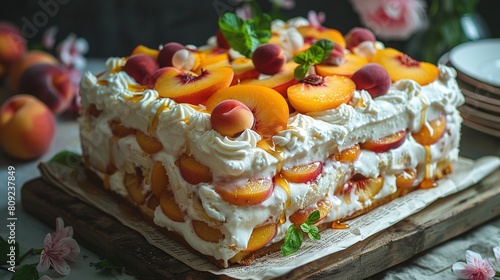  A close-up of a cake with peaches and whipped cream on a wooden platter, surrounded by plates and flowers in the background
