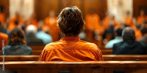 Defendant in an Orange Jumpsuit Pleads Not Guilty in Courtroom. Concept Legal Proceedings, Criminal Justice, Court Appearance, Judicial System, Legal Defense photo