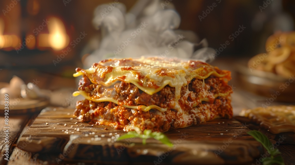 Fototapeta premium A detailed 3D render of a perfect slice of lasagna, with steam rising from the rich layers of pasta, meat sauce, and melted cheese, set on a rustic wooden table with soft lighting to evoke a sense of 