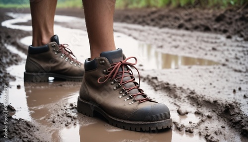 Person feet in trekking shoes walking swamp mud. © anetlanda