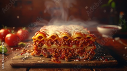 A detailed 3D render of a perfect slice of lasagna, with steam rising from the rich layers of pasta, meat sauce, and melted cheese, set on a rustic wooden table with soft lighting to evoke a sense of 