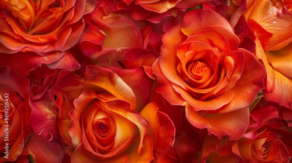 Fiery red and orange roses side by side, each petal revealing its intricate patterns and texture in stunning detail Fiery red and orange roses side by side, each petal revealing its intricate patterns and texture in stunning detail