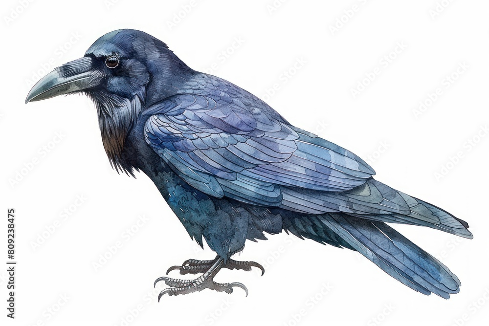 Fototapeta premium Common raven, Pastel-colored, in hand-drawn style, watercolor, isolated on white background