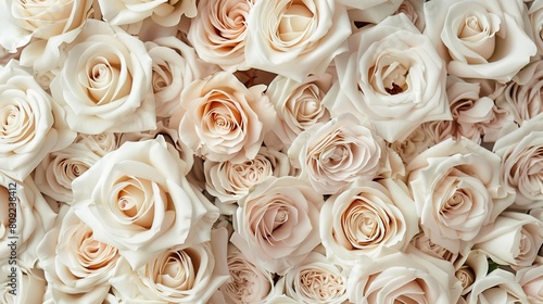 Creamy white roses with subtle pink hues  tightly arranged to form an intricate pattern that captures the eye