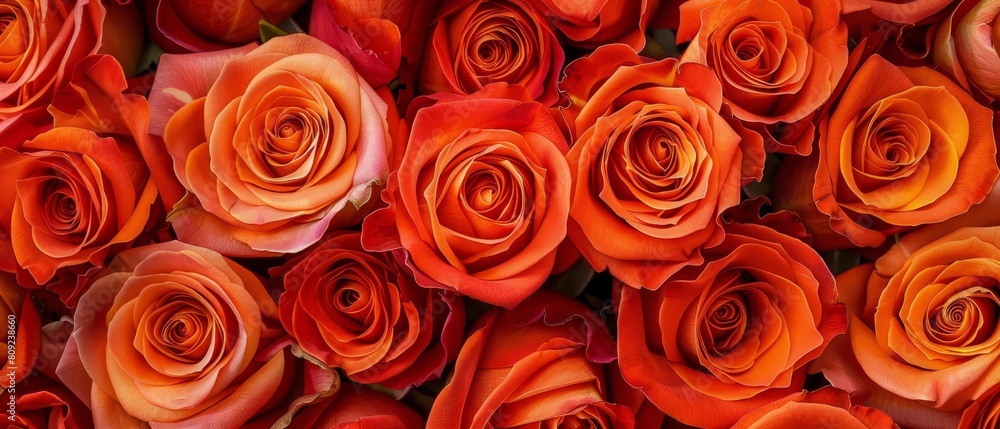 Warm orange roses with velvety petals, layered in a cohesive arrangement to create a vivid and striking floral display Warm orange roses with velvety petals, layered in a cohesive arrangement to create a vivid and striking floral display