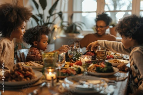A group of people  likely a family  sitting together around a dining table  enjoying a homemade meal  A family sharing a homemade meal around the dinner table