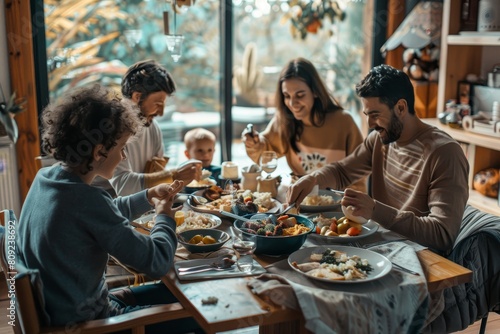 A group of people, likely a family, sitting around a table, eating food, and engaging in storytelling, A family sharing a meal and storytelling around the dinner table