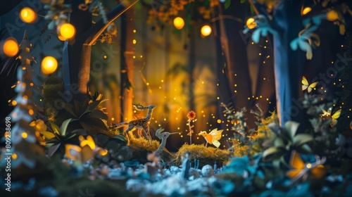 Glowing Fireflies in Enchanted Paper Craft Forest