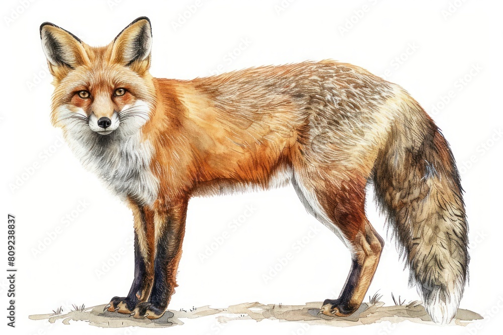 Fox,  Pastel-colored, in hand-drawn style, watercolor, isolated on white background