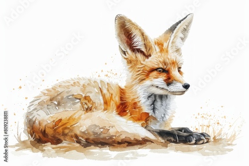 Fennec fox,  Pastel-colored, in hand-drawn style, watercolor, isolated on white background photo