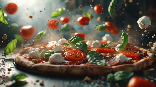 A surreal depiction of a pizza, with each ingredient like tomato slices, basil leaves, and mozzarella balls orbiting around the crust in slow motion, set against a stark, minimalist background to enha photo