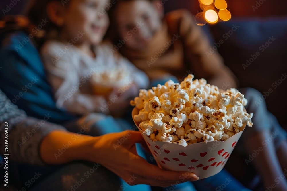 A person holds a bowl of popcorn in their hand, ready to enjoy a movie, A family watching a movie together, popcorn bowl in hand A person holds a bowl of popcorn in their hand, ready to enjoy a movie, A family watching a movie together, popcorn bowl in hand