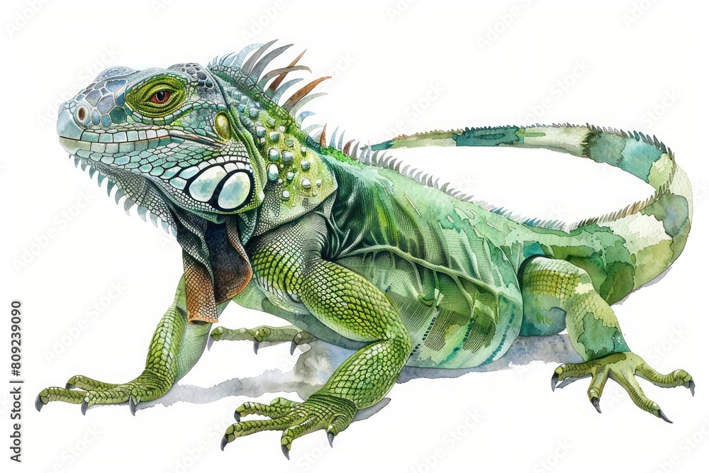 Obraz premium Green iguana, Pastel-colored, in hand-drawn style, watercolor, isolated on white background