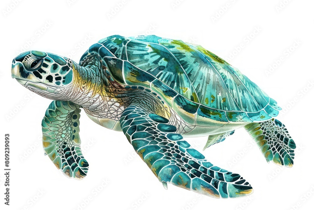 Fototapeta premium Green sea turtle, Pastel-colored, in hand-drawn style, watercolor, isolated on white background