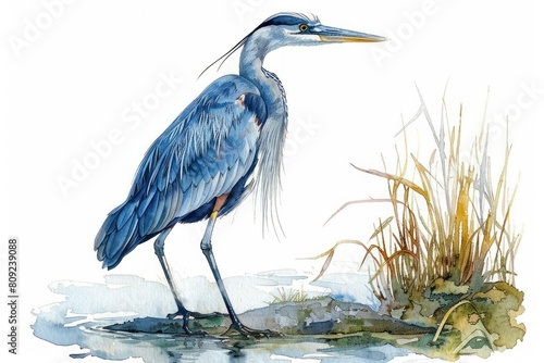 Great blue heron,  Pastel-colored, in hand-drawn style, watercolor, isolated on white background