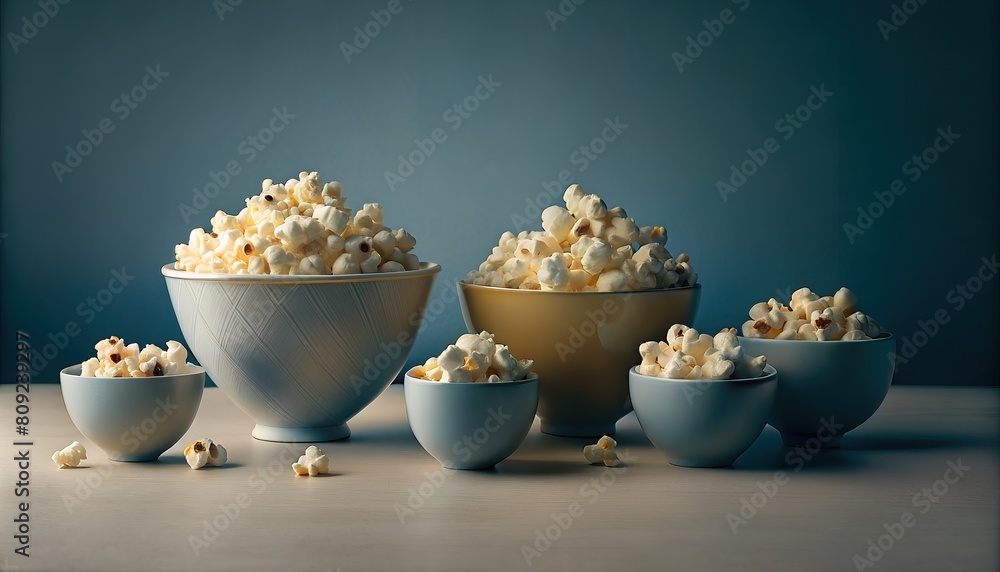 five bowls of popcorn in varying sizes set against muted blue background five bowls of popcorn in varying sizes set against muted blue background
