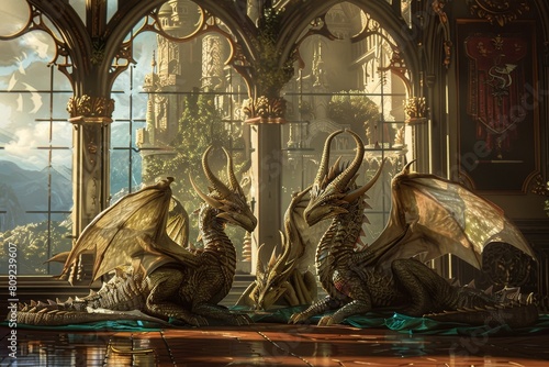 Couple of dragon statues sitting in front of a window  creating a mystical and regal atmosphere  A fantasy-inspired image of a royal family of dragons lounging in their castle