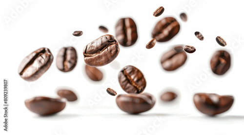 Abstract  closeup and coffee beans flying on white background for energy  espresso and morning drink with caffeine. Float  studio and ingredient for premium latte blend with strong smell and brewing