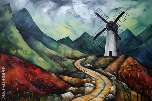 melancholic mountain adjacent to windmill. abstract landscape painting, generative ai photo