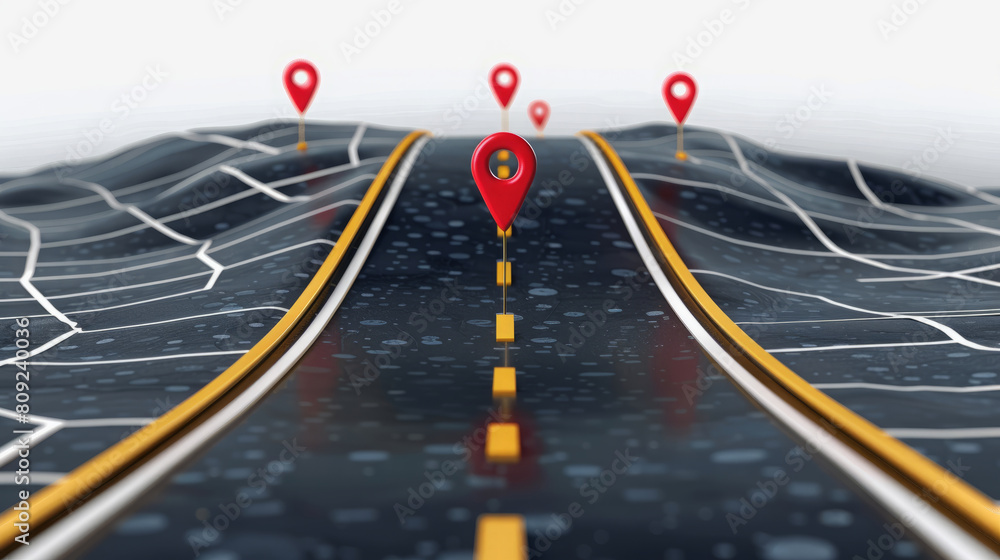 Navigating the Journey: Road Map with Red Location Pins