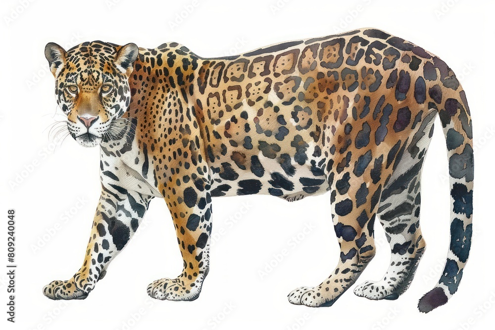 Fototapeta premium Jaguar, Pastel-colored, in hand-drawn style, watercolor, isolated on white background