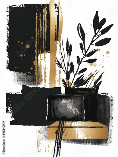 A painting featuring a combination of black and gold colors with a plant as the main subject