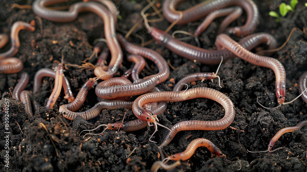 Obraz premium Group of earthworms in the soil and compost, as a background. Gardening concept. 
