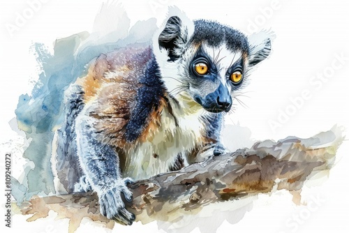 Lemur,  Pastel-colored, in hand-drawn style, watercolor, isolated on white background photo