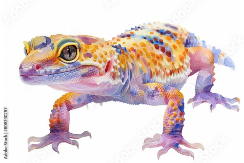 Leopard gecko,  Pastel-colored, in hand-drawn style, watercolor, isolated on white background © wasan
